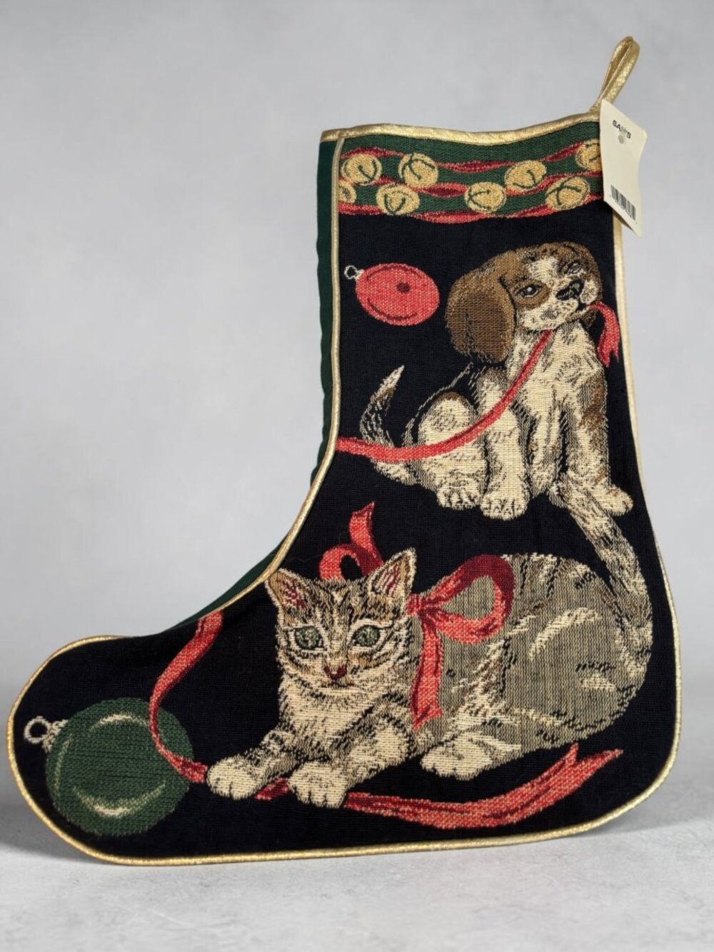 Tapestry Christmas Stocking With Cat & Dog Design Gold Trim Green Back 18-Inch H